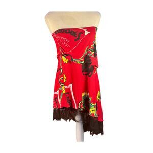 Vintage Y2K Iceberg Sleeveless Asymmetric Red Novelty Print Black Lace Top L